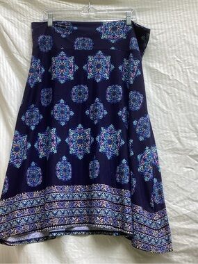 Colette Navy Blue Midi Skirt with Multicolor Medallion Print, size XXL
